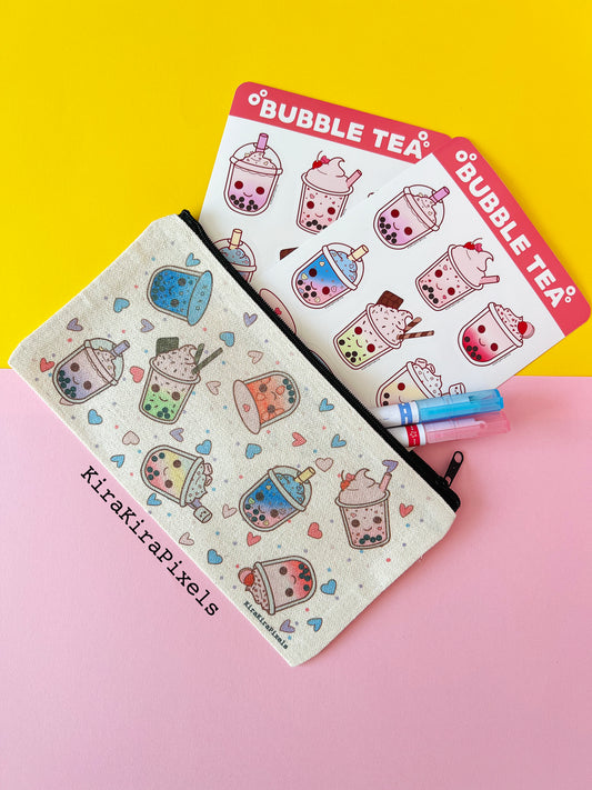 Bubble Tea Canvas Zipper Bag. Pencil/Makeup Pouch