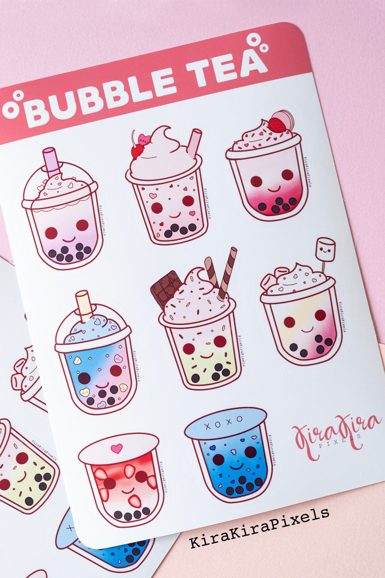 Bubble Tea or Boba Tea Vinyl sticker sheet. 1 sheet with 8 kawaii bubble tea designs.