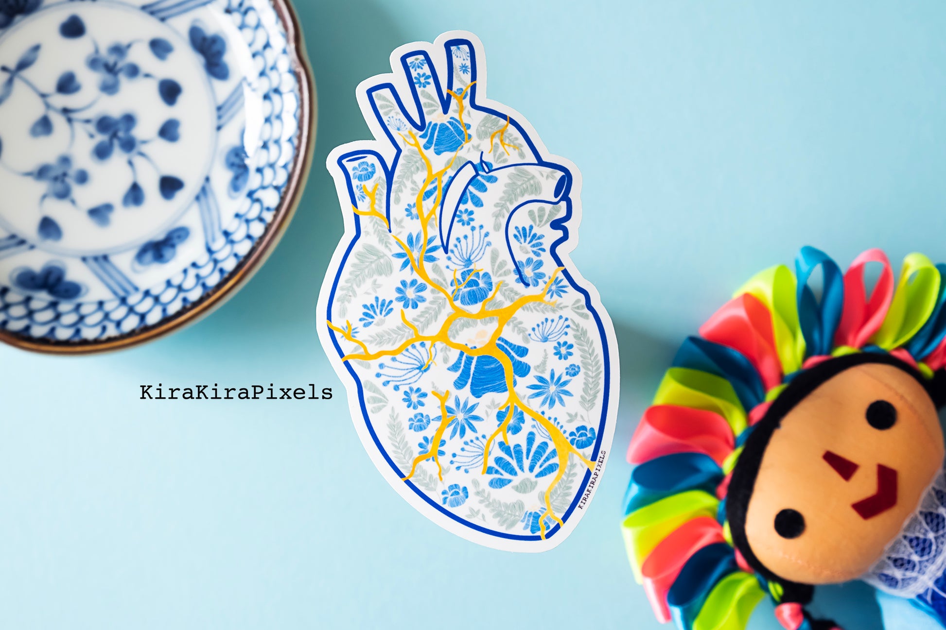 Kintsugi Corazon. Mending a broken heart with gold. The heart's detailed is meant to represent Mexican embroidery. Japanese and Mexican inspired art. Vinyl Sticker 