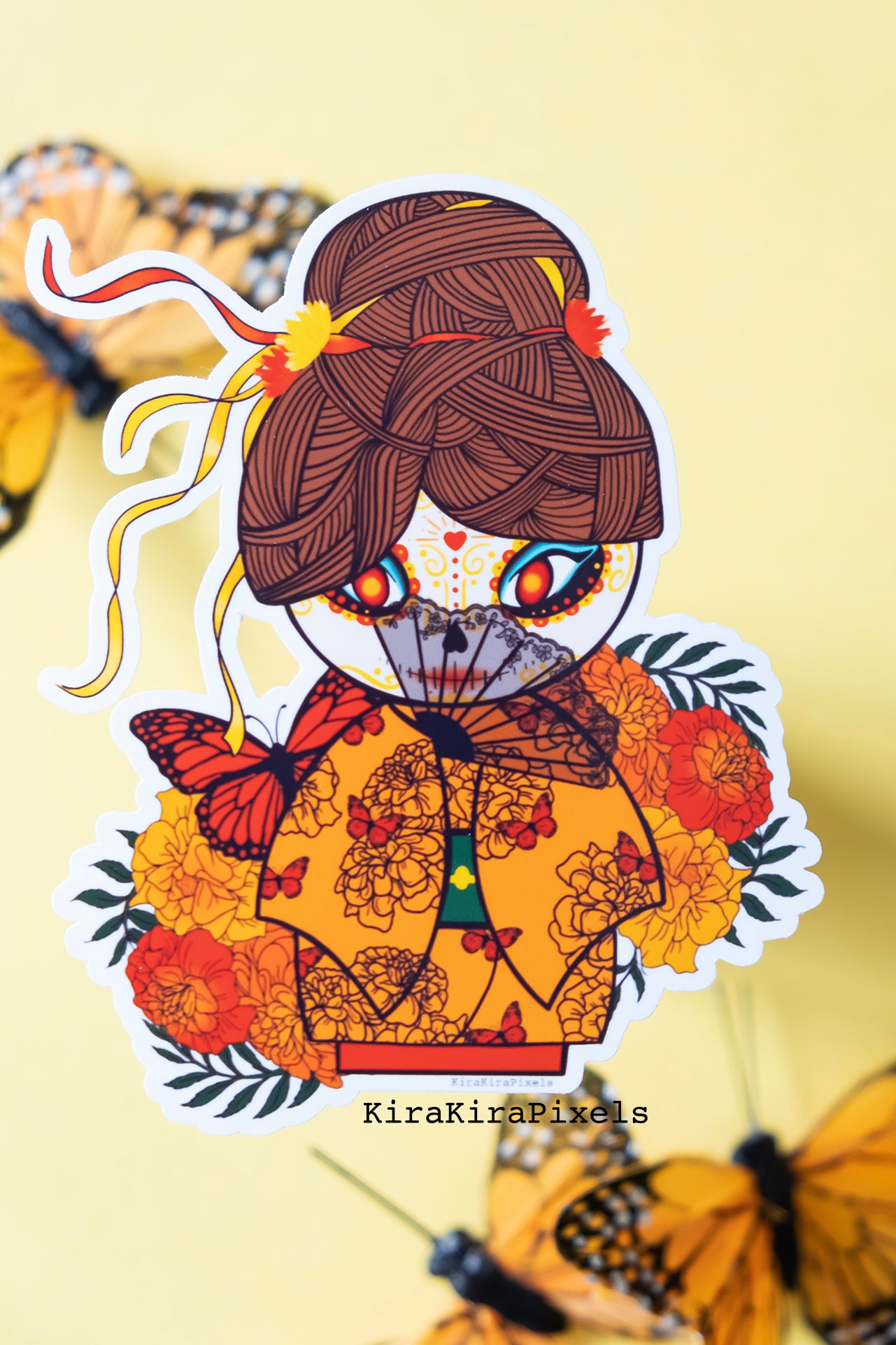 Kokeshi Doll, Dia de los Muertos (Day of the Dead) Theme vinyl sticker. Mixture of Japanese and Mexican culture.