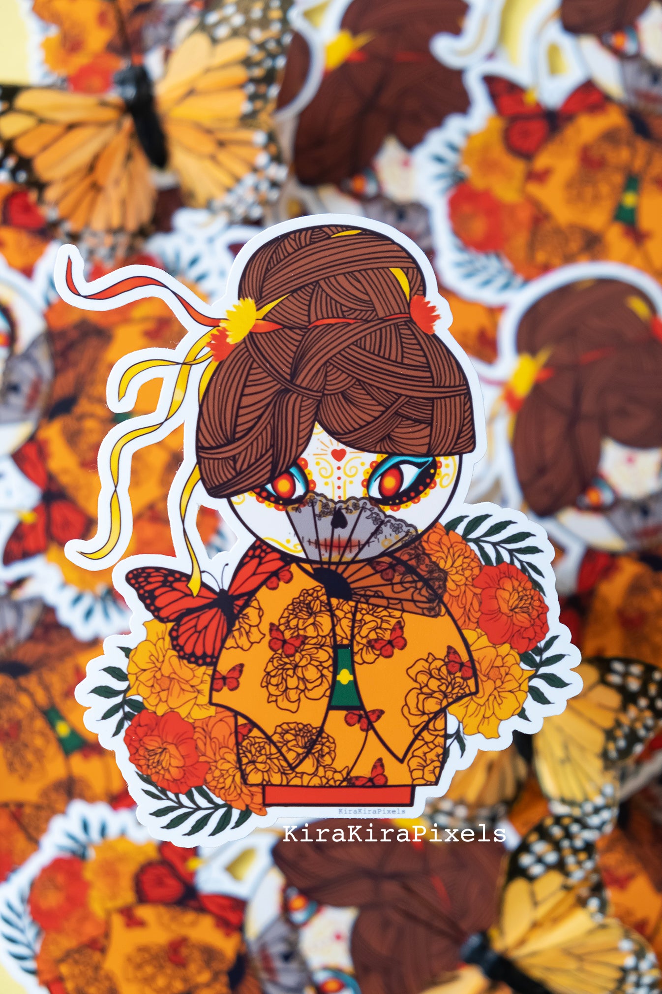 Kokeshi Doll, Dia de los Muertos (Day of the Dead) Theme vinyl sticker. Mixture of Japanese and Mexican culture.