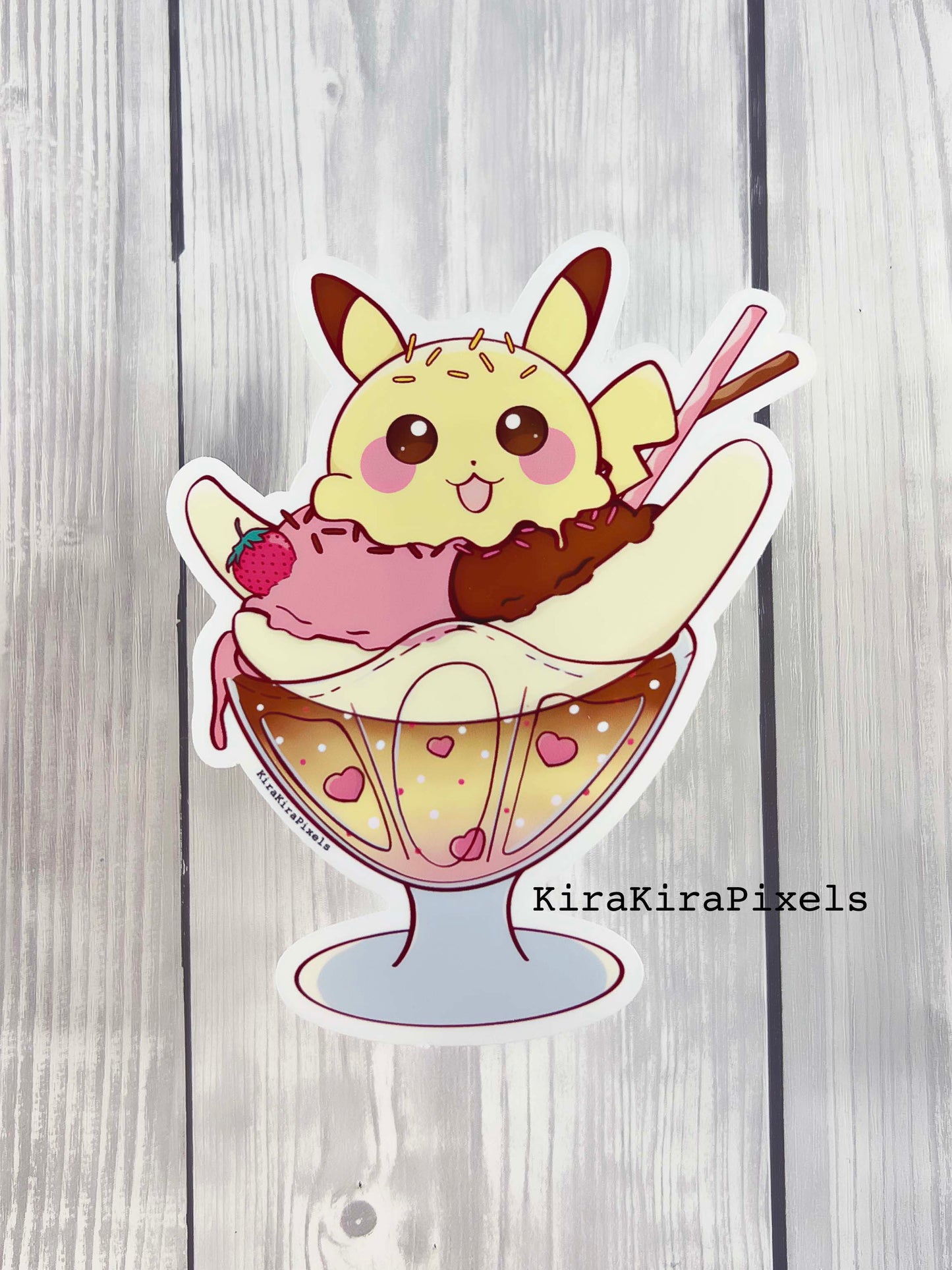 Pikachu Banana Split Vinyl Stickers. Kawaii Desserts Pokemon Edition Sticker.