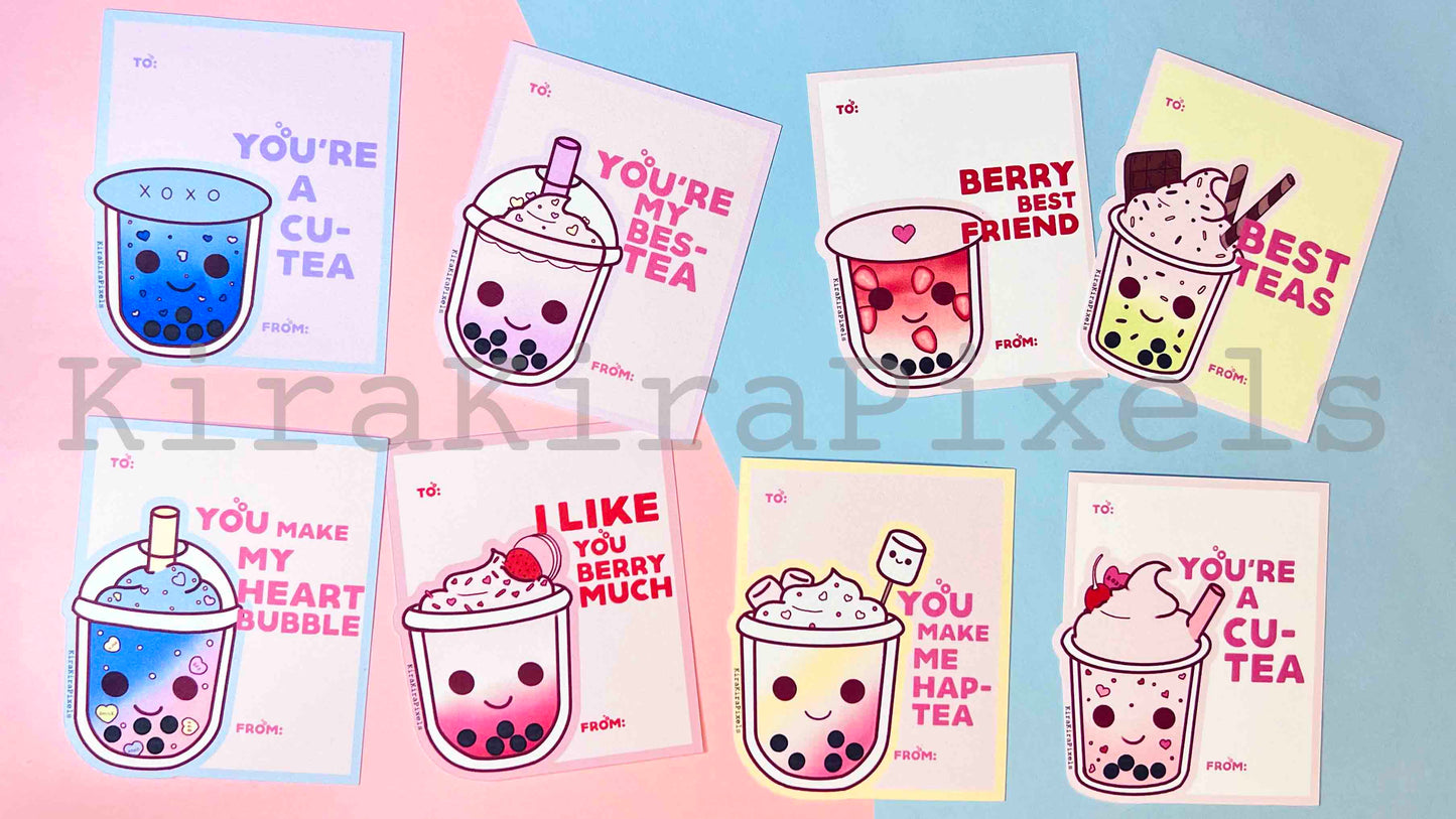 Bubble Tea Valentine's Day Cards. Kids School. Digital Cards.