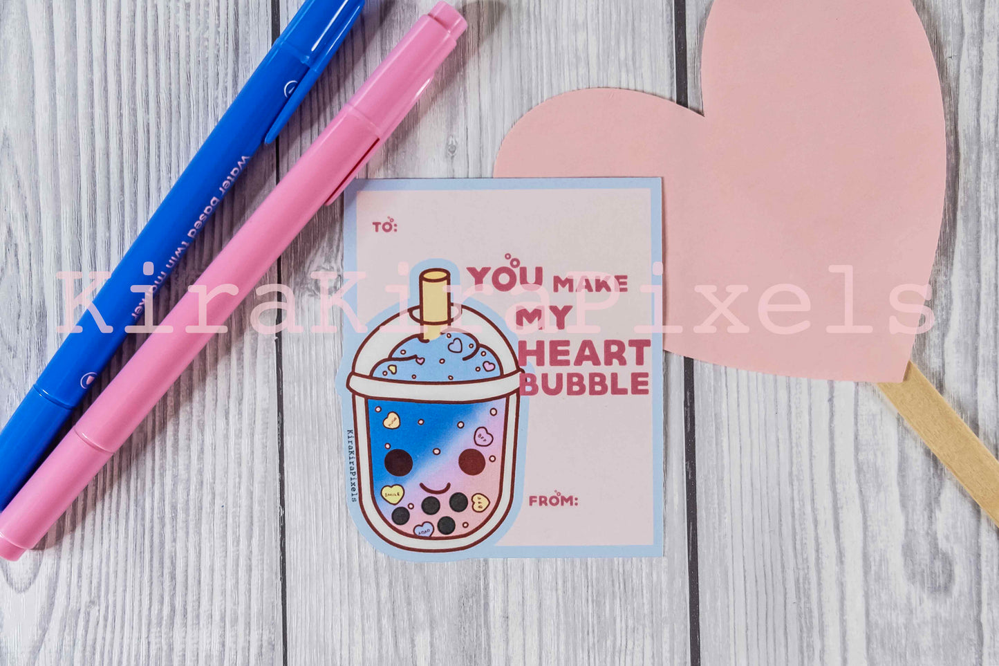 Bubble Tea Valentine's Day Cards. Kids School. Digital Cards.