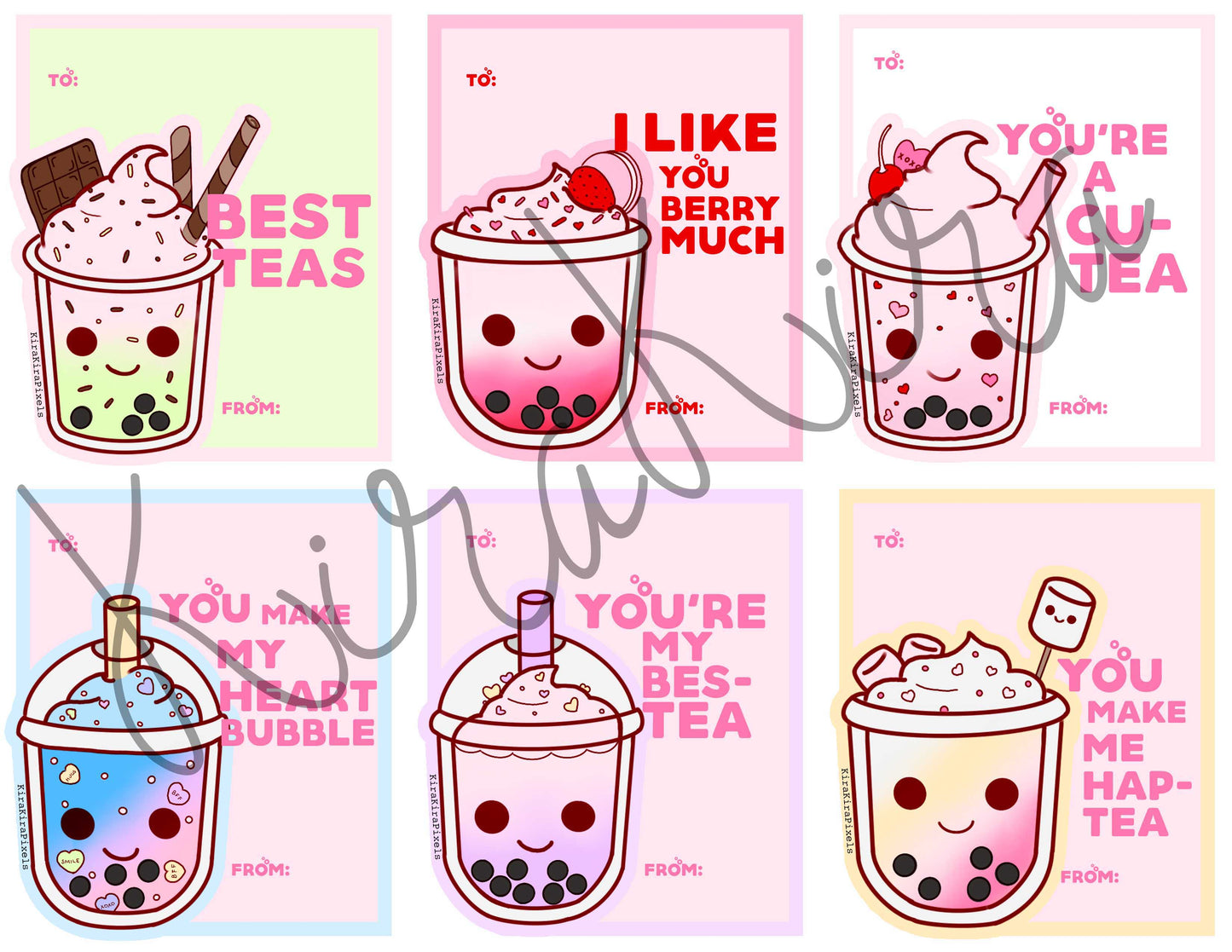 Bubble Tea Valentine's Day Cards. Kids School. Digital Cards.