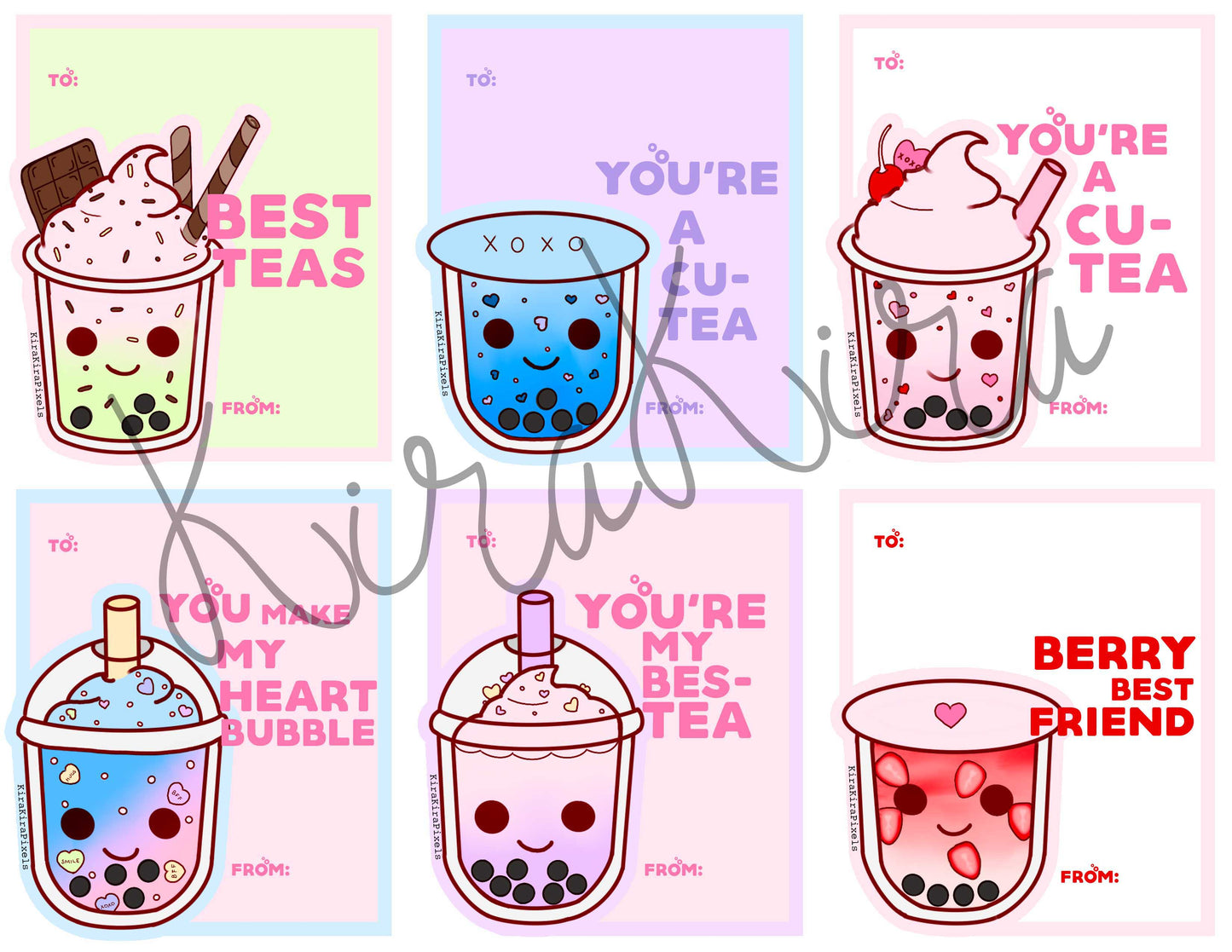 Bubble Tea Valentine's Day Cards. Kids School. Digital Cards.